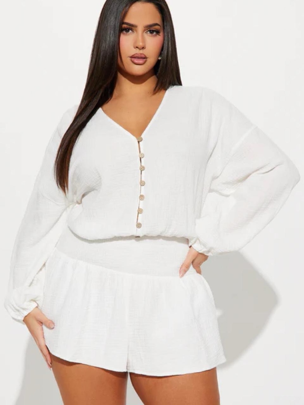 Fashion Nova Womens White Button-Front Gauze Top V-Neck Short Sleeve Blouse S